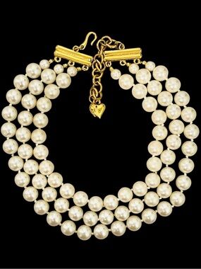 CAROLEE Faux Pearl Triple Strand Necklace Designer 1980's Gold Plated Necklace